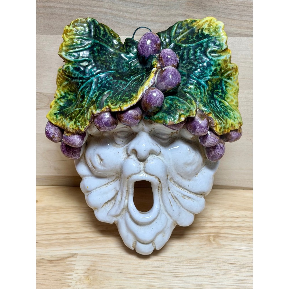 Vintage Ceramic Bacchus Wall Pocket Green Man Grapes Majolica Style Mask Decor